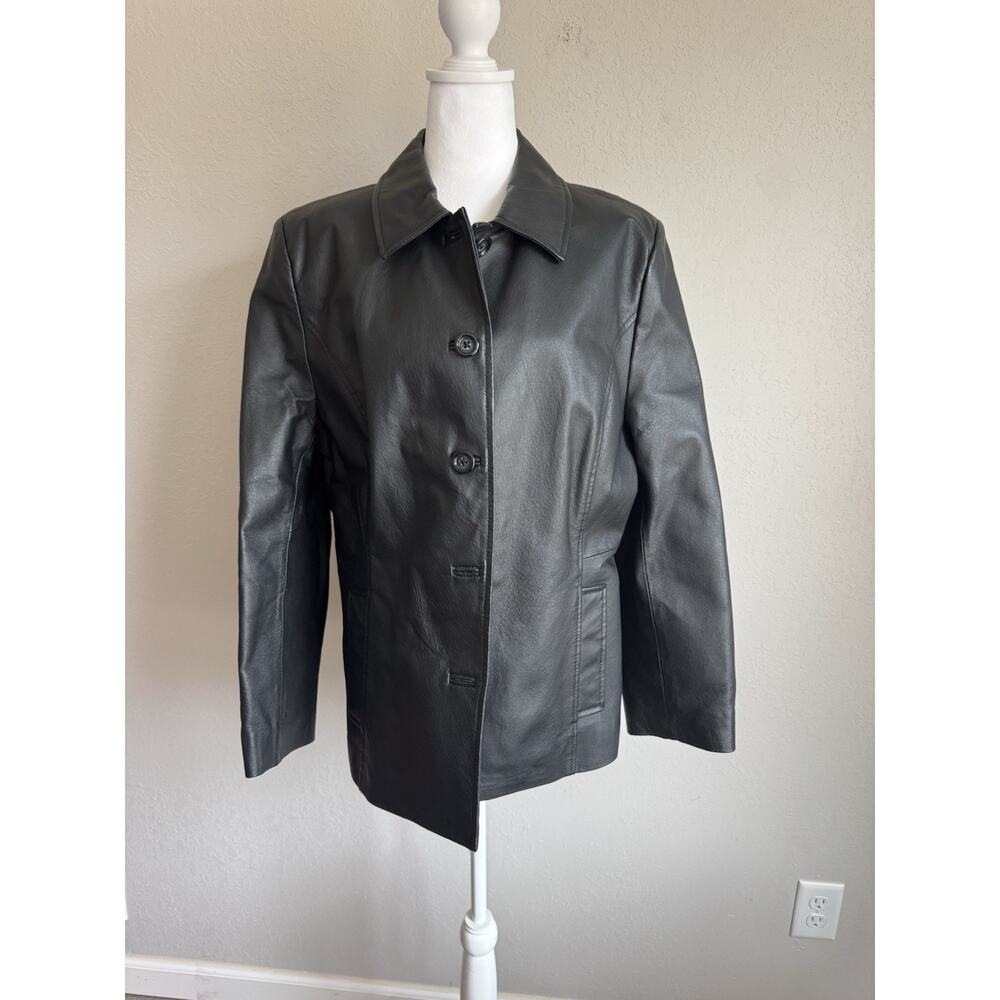Croft & Barrow Black 100% Leather Button Down Jacket Women L Classic Vintage Y2K